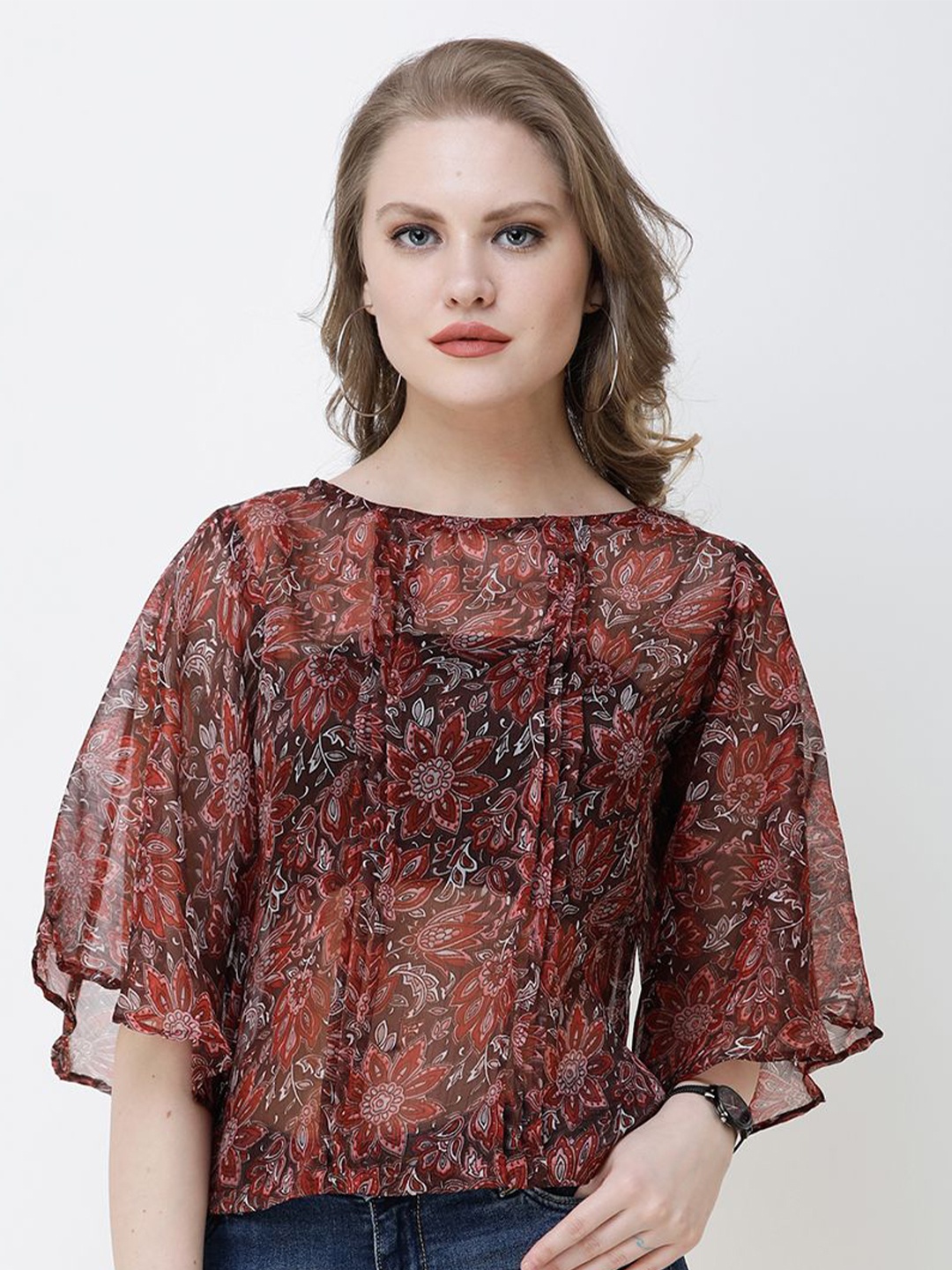 

SCORPIUS Floral Print Flared Sleeve Chiffon Top, Maroon