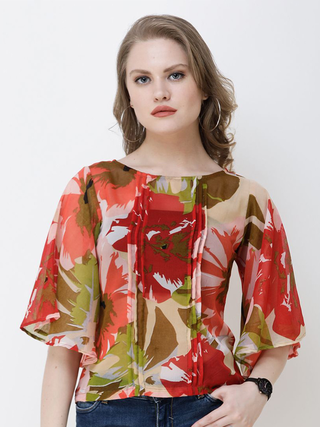 

SCORPIUS Floral Print Flared Sleeve Georgette Top, Red