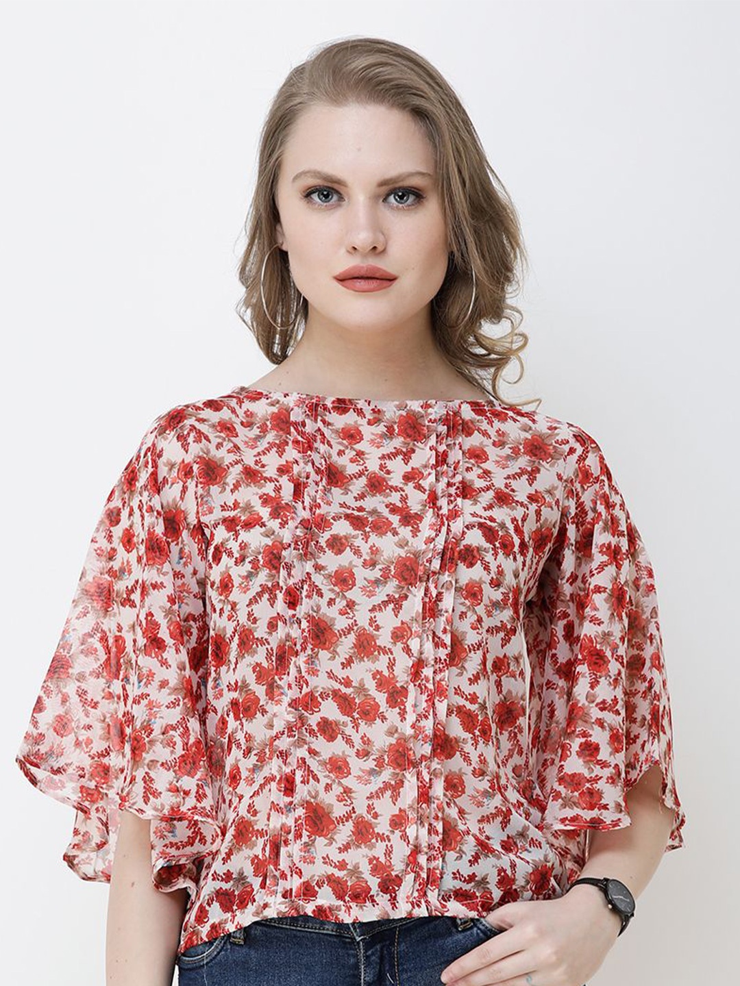 

SCORPIUS Floral Print Flared Sleeve Georgette Top, Red