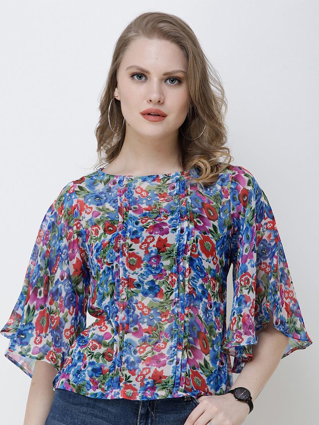 

SCORPIUS Floral Print Flared Sleeve Georgette Kaftan Top, Blue
