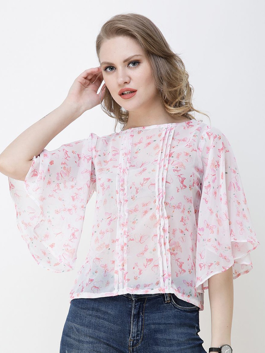 

SCORPIUS Floral Print Flared Sleeve Georgette Boxy Top, White
