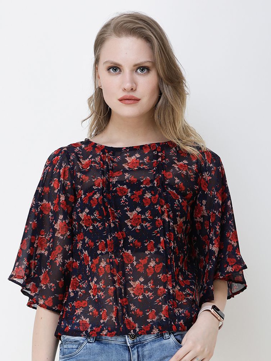 SCORPIUS Floral Print Flared Sleeve Georgette Top, Navy blue