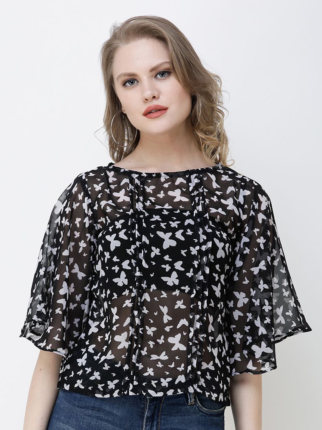 SCORPIUS Animal Print Flared Sleeve Georgette Cape Top, Black