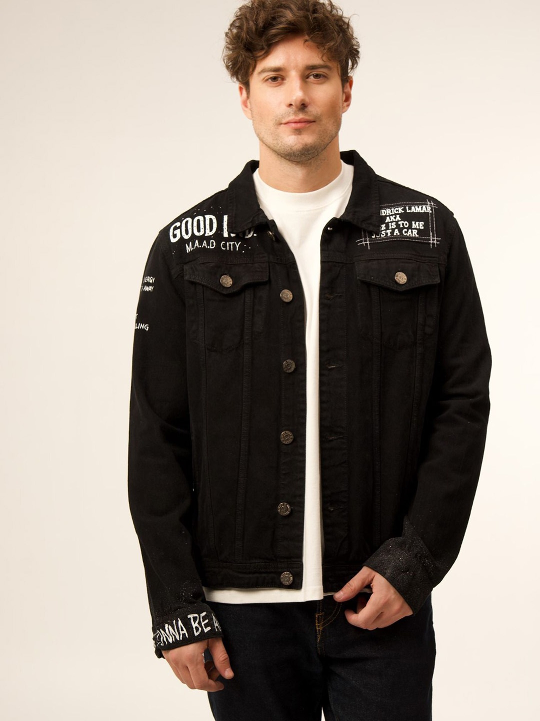 

VALKYRE Unisex Typography Printed Cotton Denim Jacket, Black