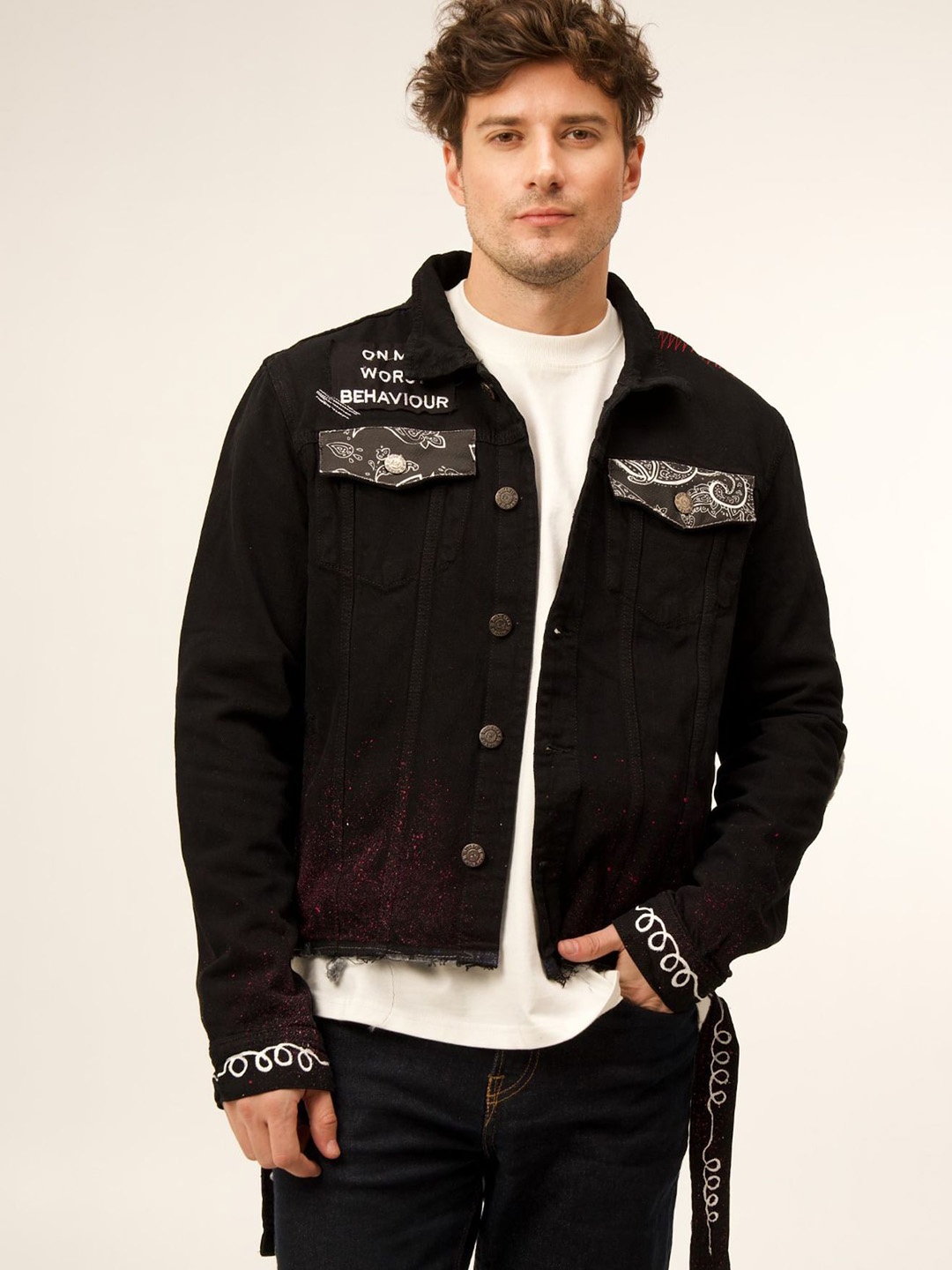 

VALKYRE Unisex Cotton Crop Denim Jacket with Patchwork, Black
