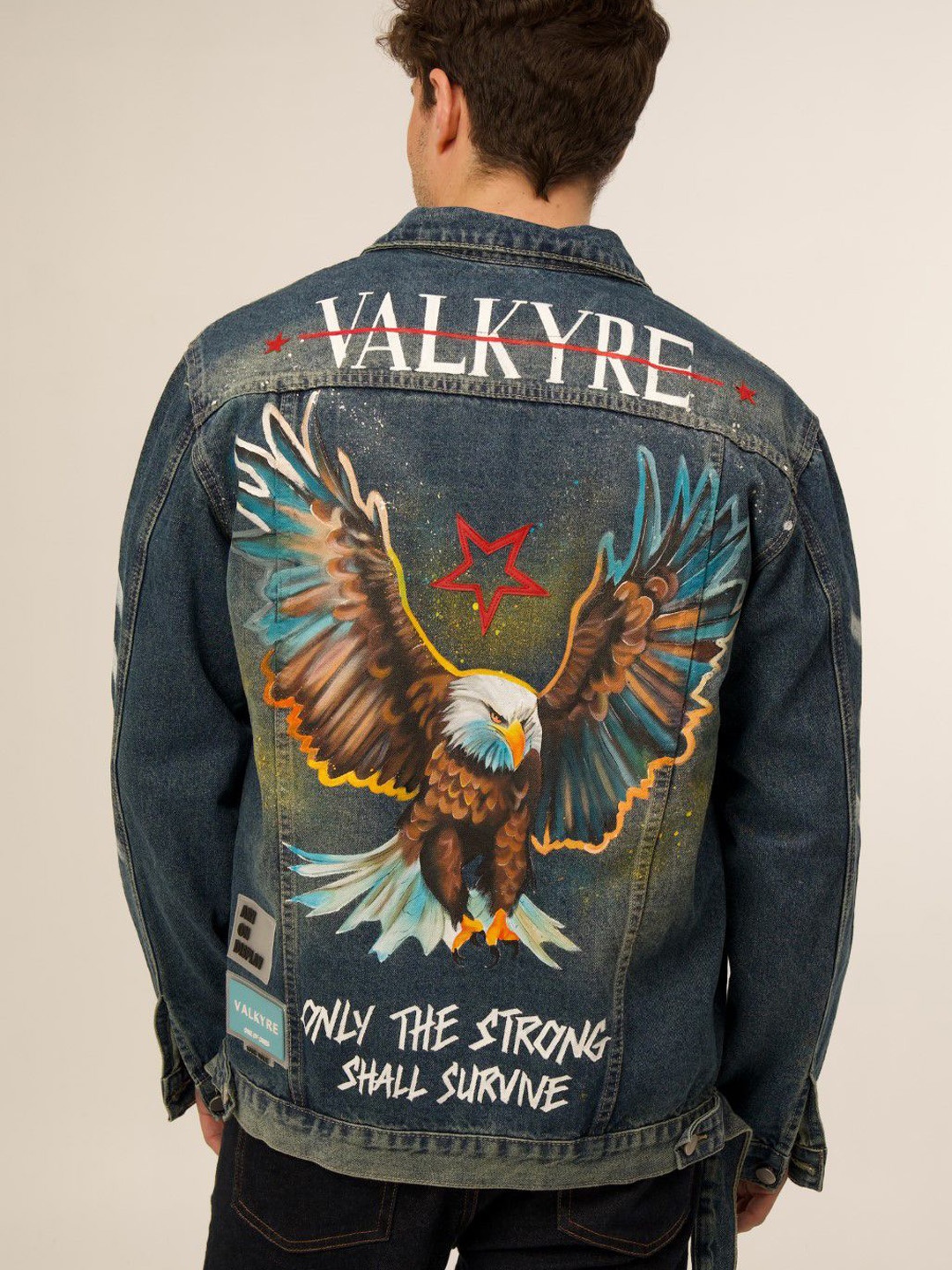 

VALKYRE Unisex Cotton Graphic Printed Bomber with Patchwork Jacket, Blue