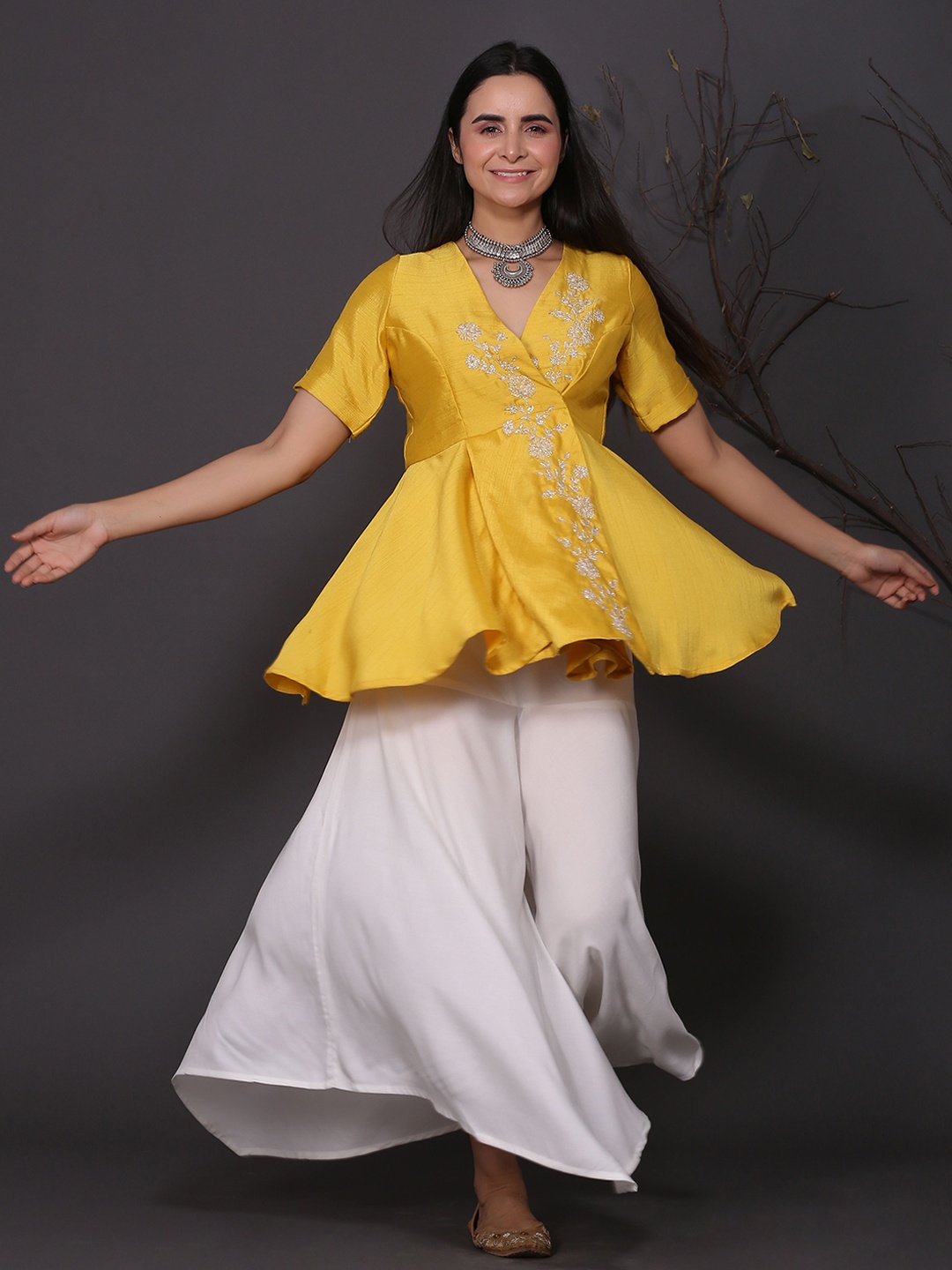 

KYETH Embroidered Top With Palazzos, Yellow
