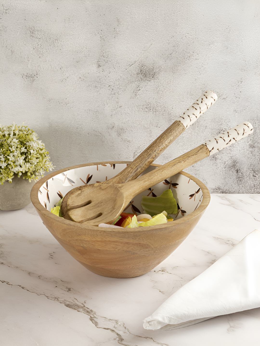 

Metalsmith Brown & White 3 Pieces Printed Wooden Spoon & Bowl