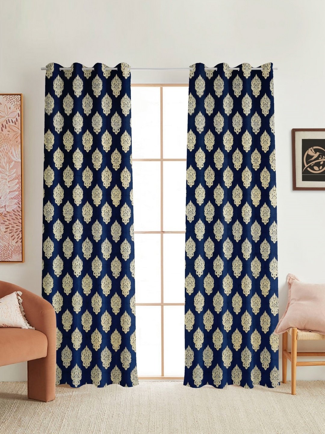 

RIDHAAN Navy Blue 2 Pieces Ethnic Motifs Printed Room Darkening Velvet Long Door Curtains