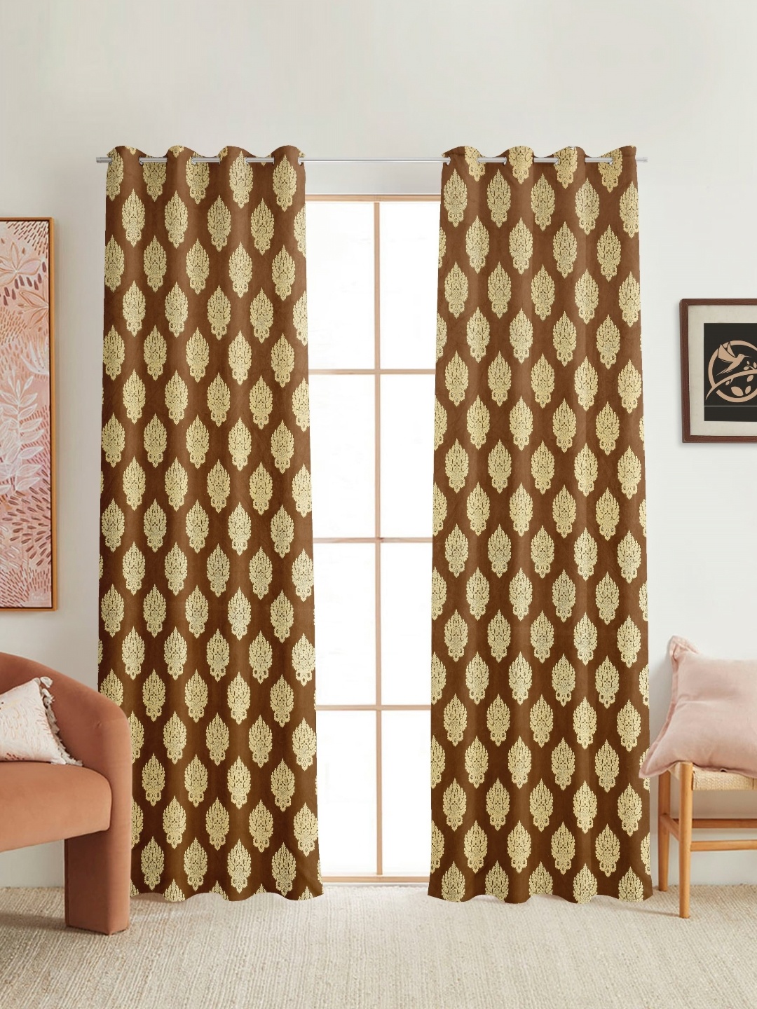 

RIDHAAN Brown 2 Pieces Ethnic Motifs Printed Room Darkening Velvet Long Door Curtains