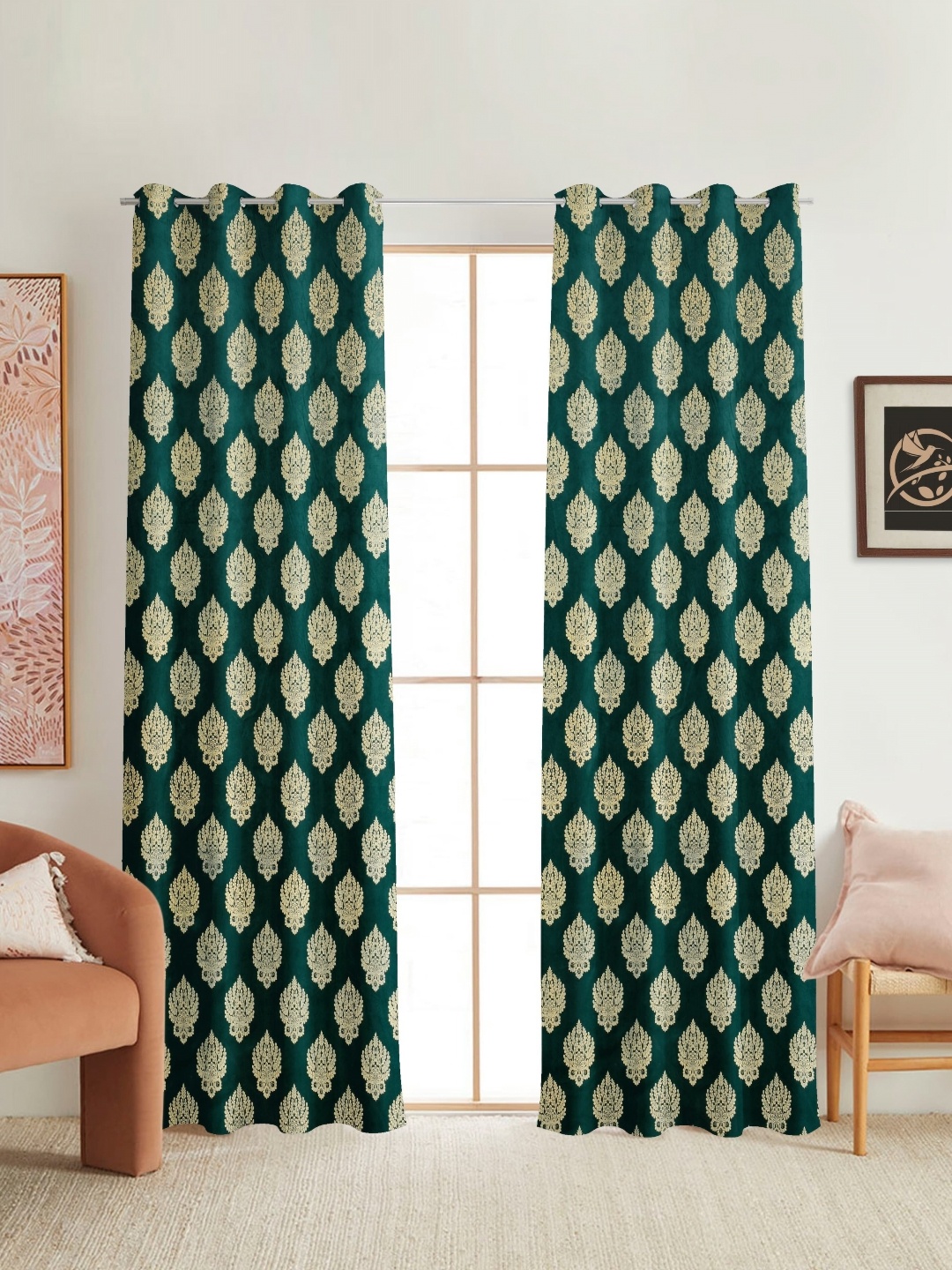 

RIDHAAN Teal Green 2 Pieces Ethnic Motifs Printed Room Darkening Velvet Long Door Curtains