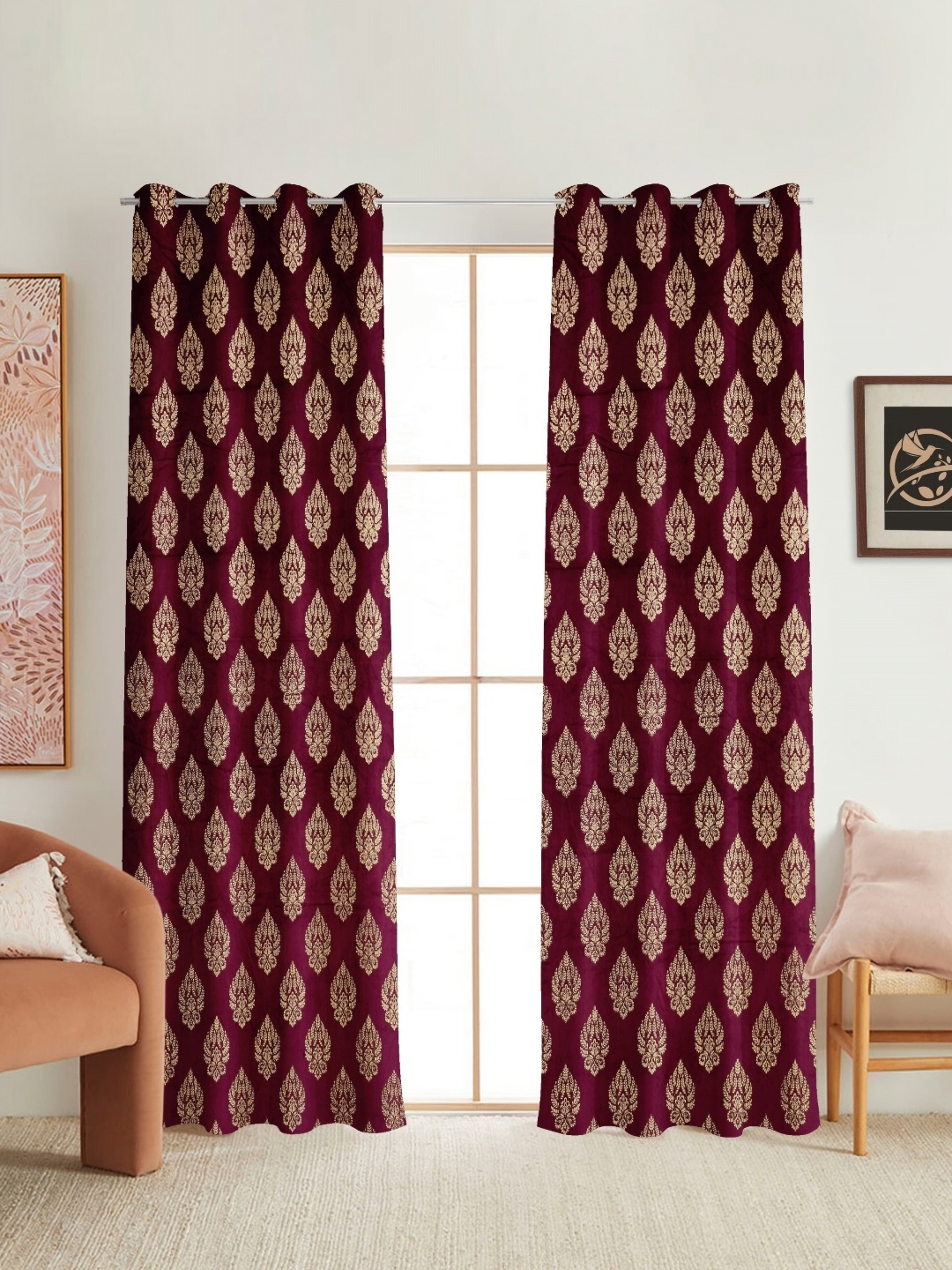 

RIDHAAN Burgundy 2 Pieces Ethnic Motifs Printed Room Darkening Velvet Long Door Curtains