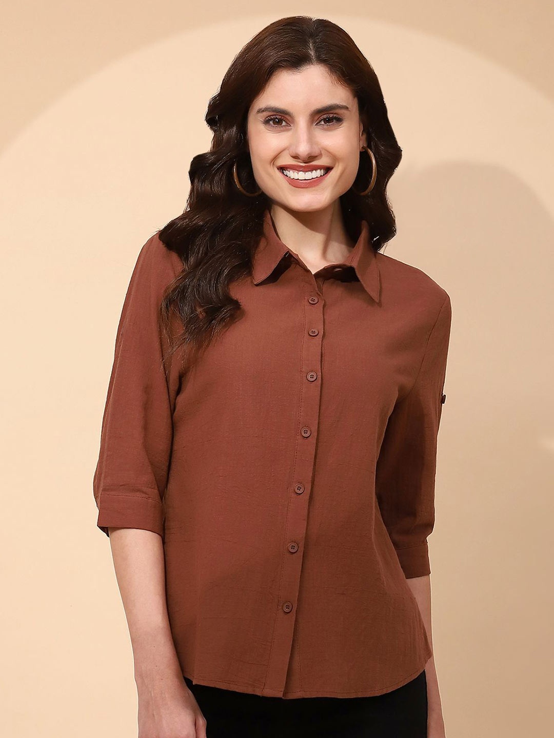 

Global Republic Women Classic Cotton Casual Shirt, Brown