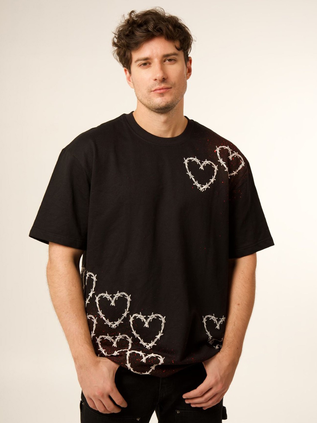 

VALKYRE Unisex Printed Drop-Shoulder Sleeves Oversized T-shirt, Black