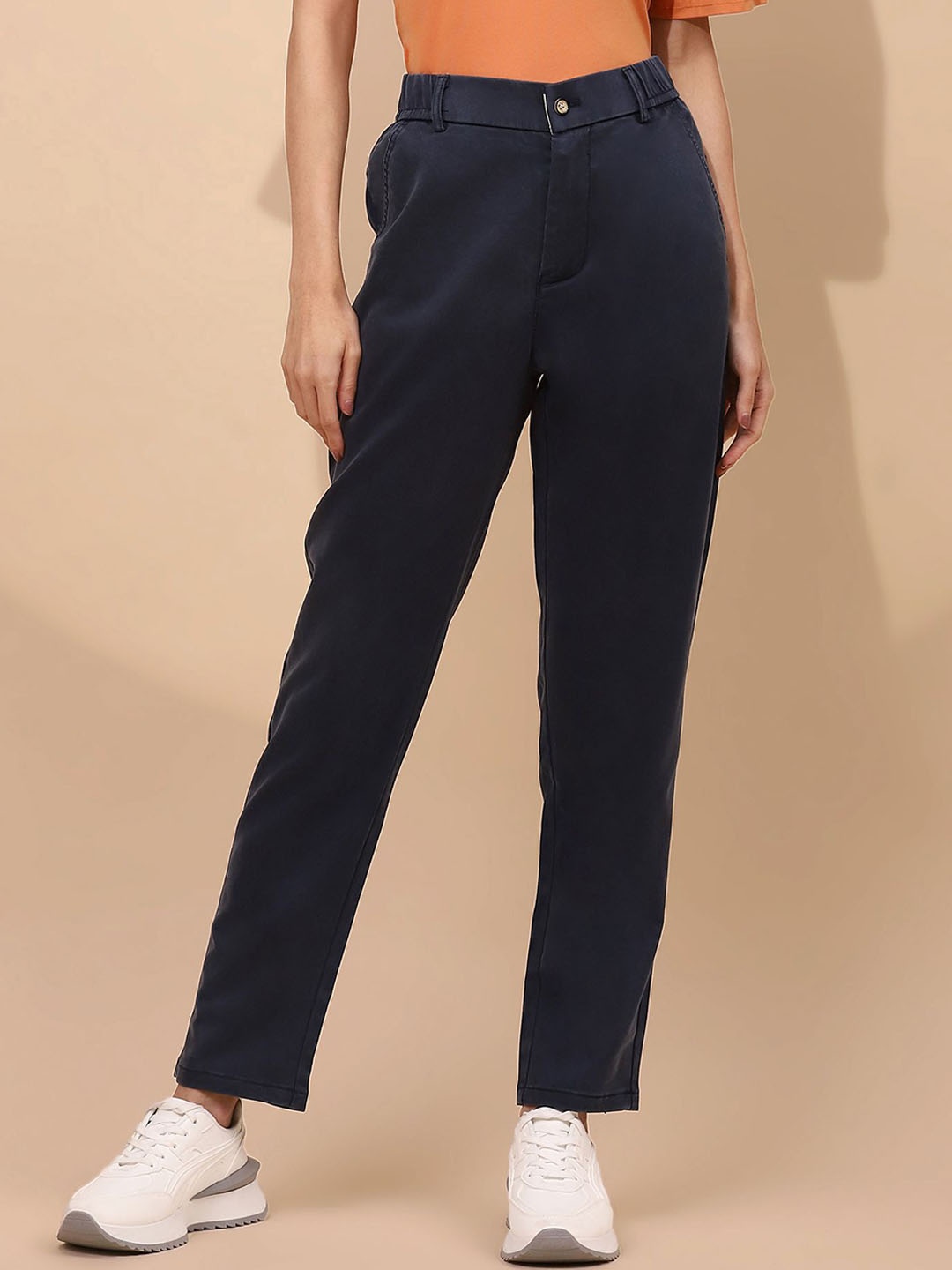

Global Republic Women Relaxed Slim Fit High-Rise Wrinkle Free Trousers, Navy blue
