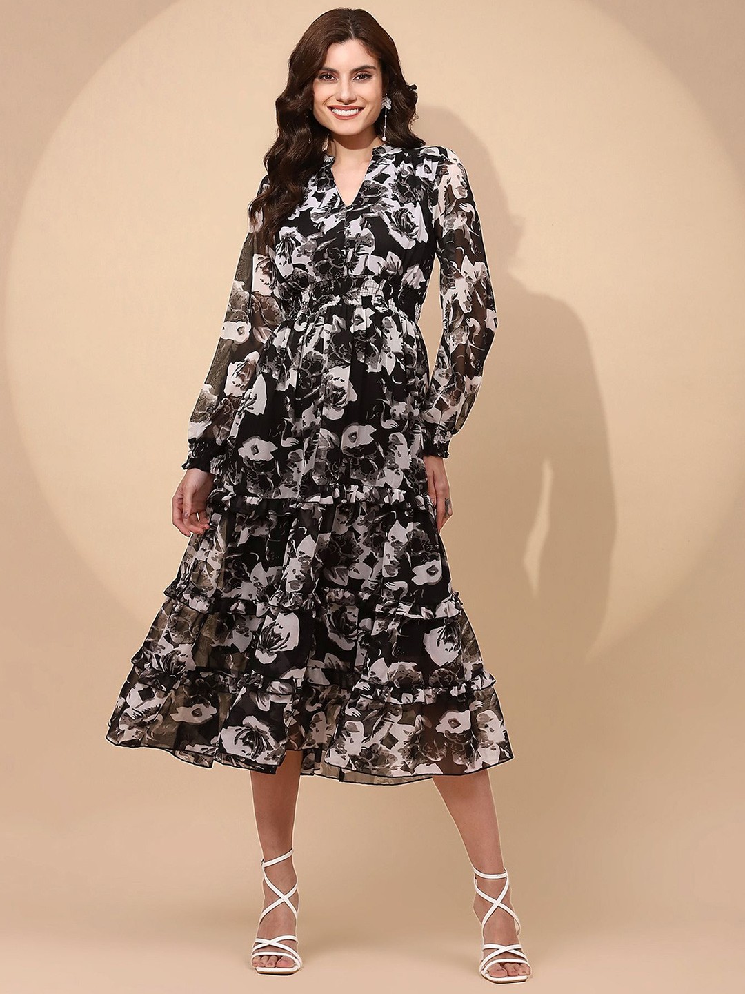 

Global Republic Floral Print Mandarin Collar Fit and Flare Midi Dress, Black