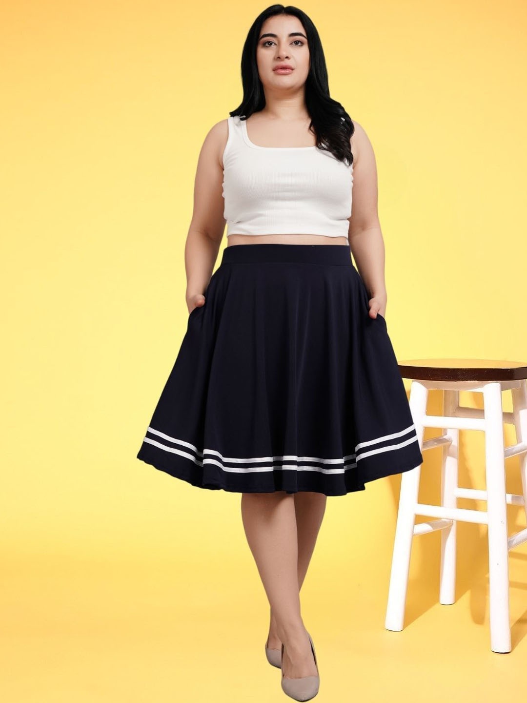 

BAESD Plus Size Double Stripes Midi Skirt with Pockets, Navy blue