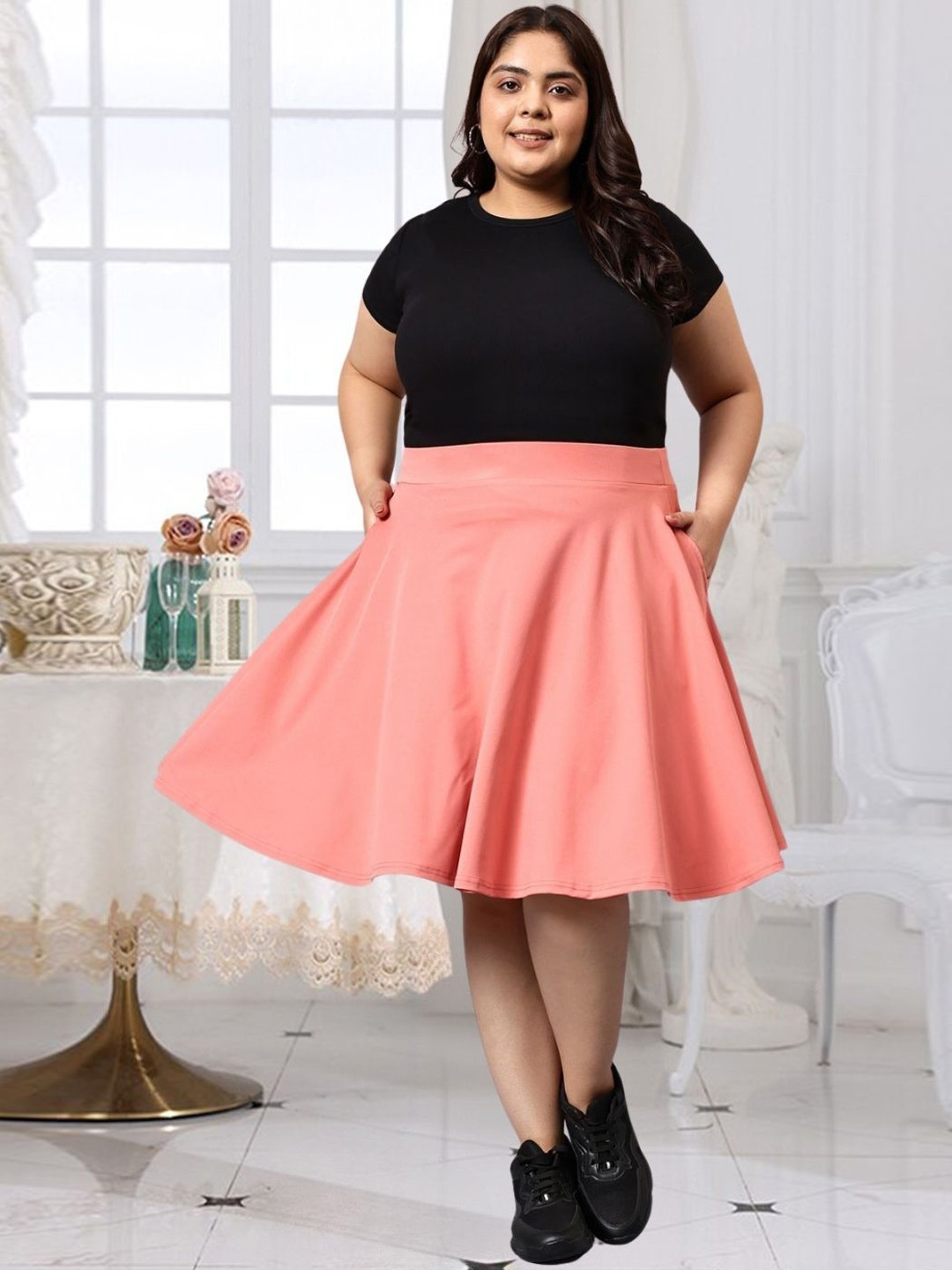 

BAESD Plus Size Flared Knee Length Skirt With Pockets, Peach