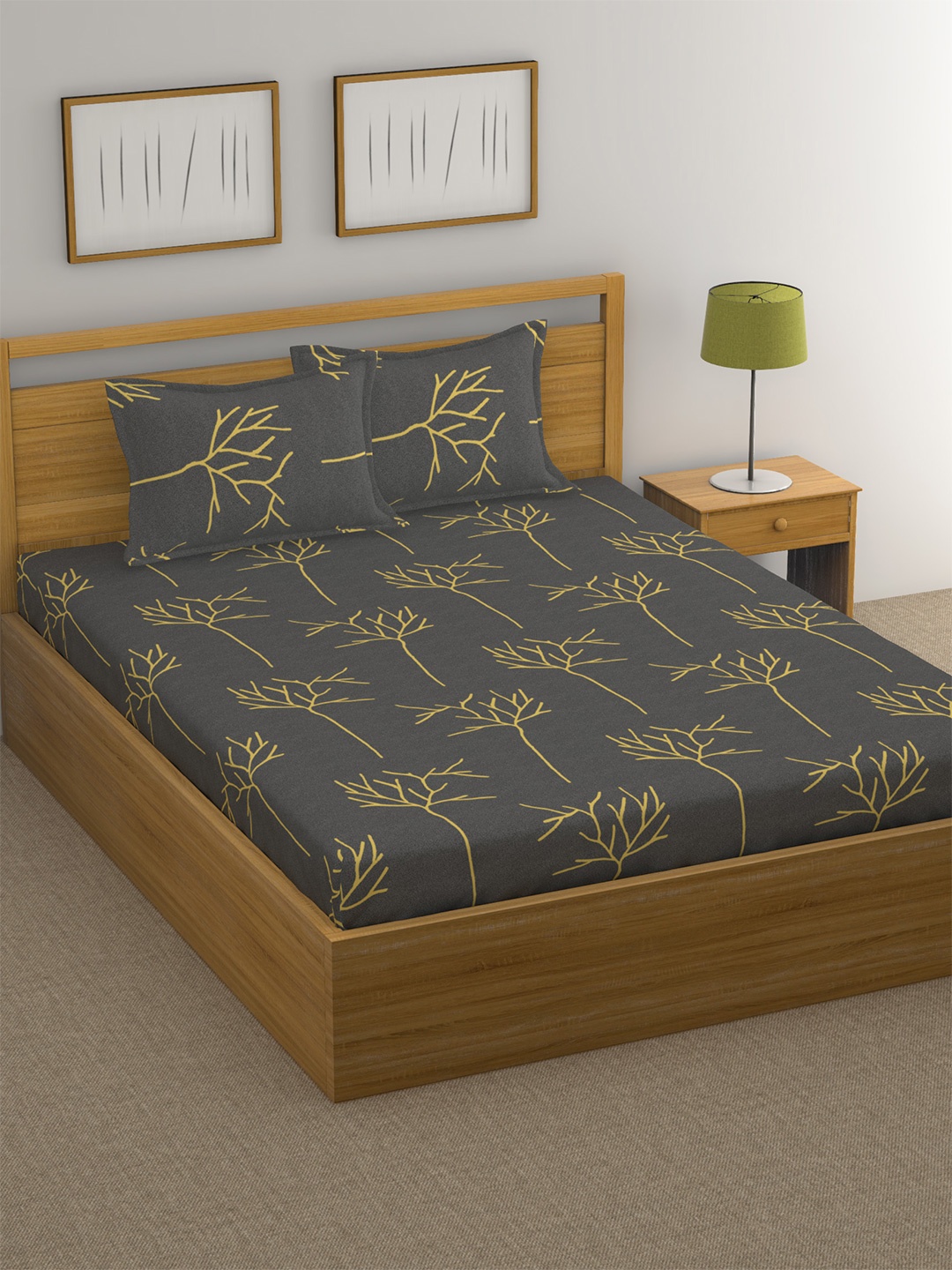

Huesland Grey & Yellow Floral 144 TC Cotton Double King Bedsheet with 2 Pillow Covers