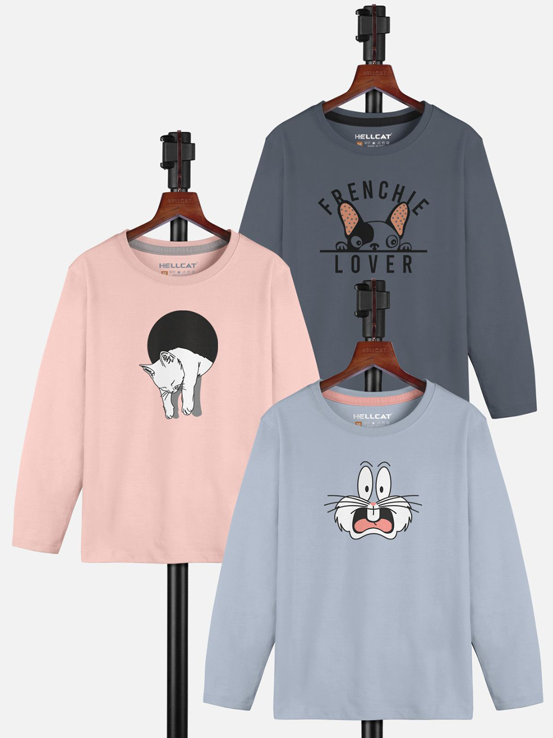 

HELLCAT Girls Pack Of 3 Graphic Printed Round Neck T-shirt, Grey
