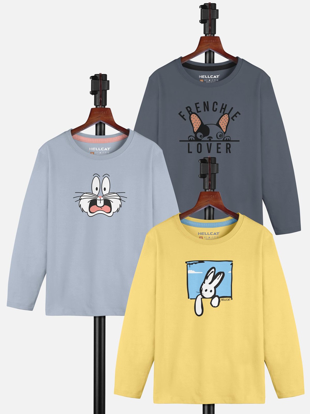 HELLCAT Girls Pack Of 3 Graphic Printed Round Neck T-shirt, Grey