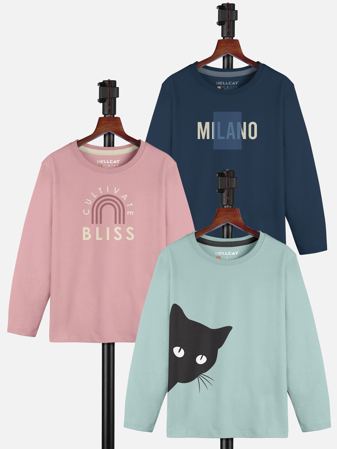 

HELLCAT Girls Pack Of 3 Printed Round Neck T-shirt, Blue