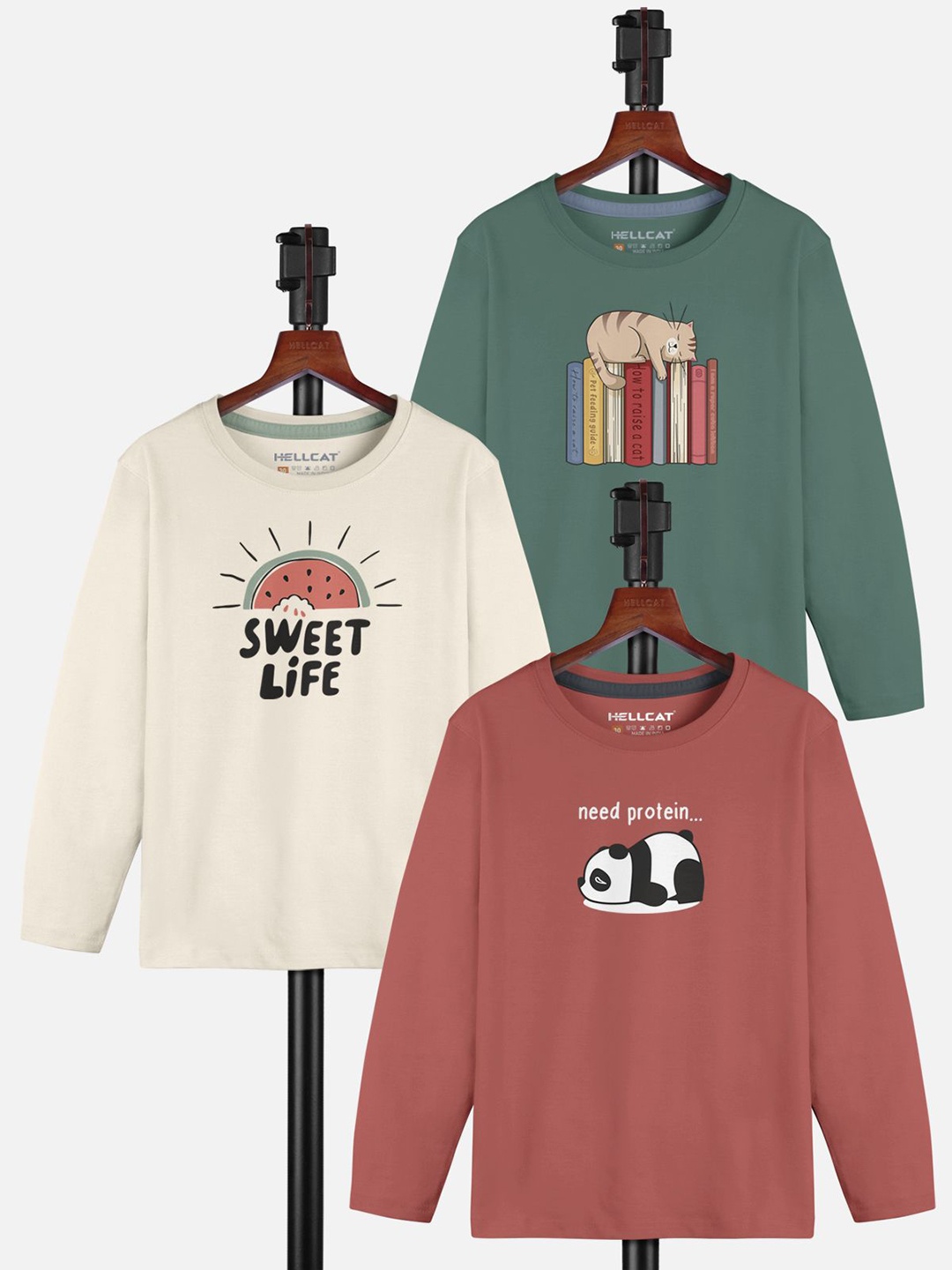 

HELLCAT Girls Pack Of 3 Printed Round Neck T-shirt, Green