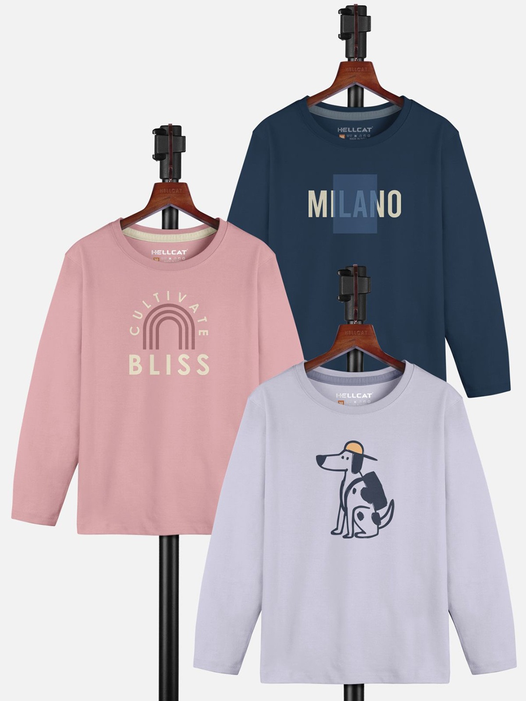

HELLCAT Girls Pack Of 3 Printed Round Neck T-shirt, Blue