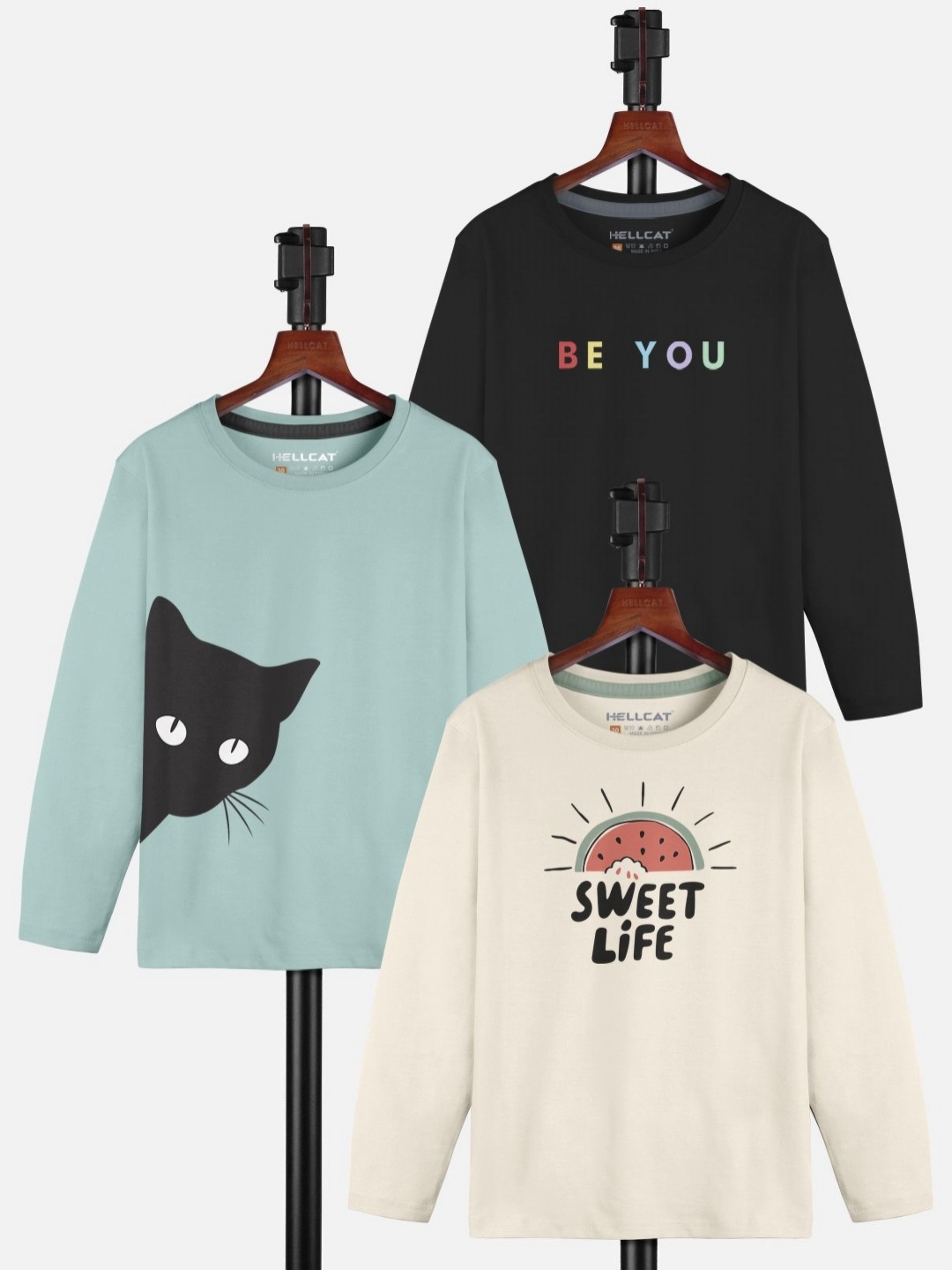 HELLCAT Girls Pack Of 3 Printed Round Neck T-shirt, Black