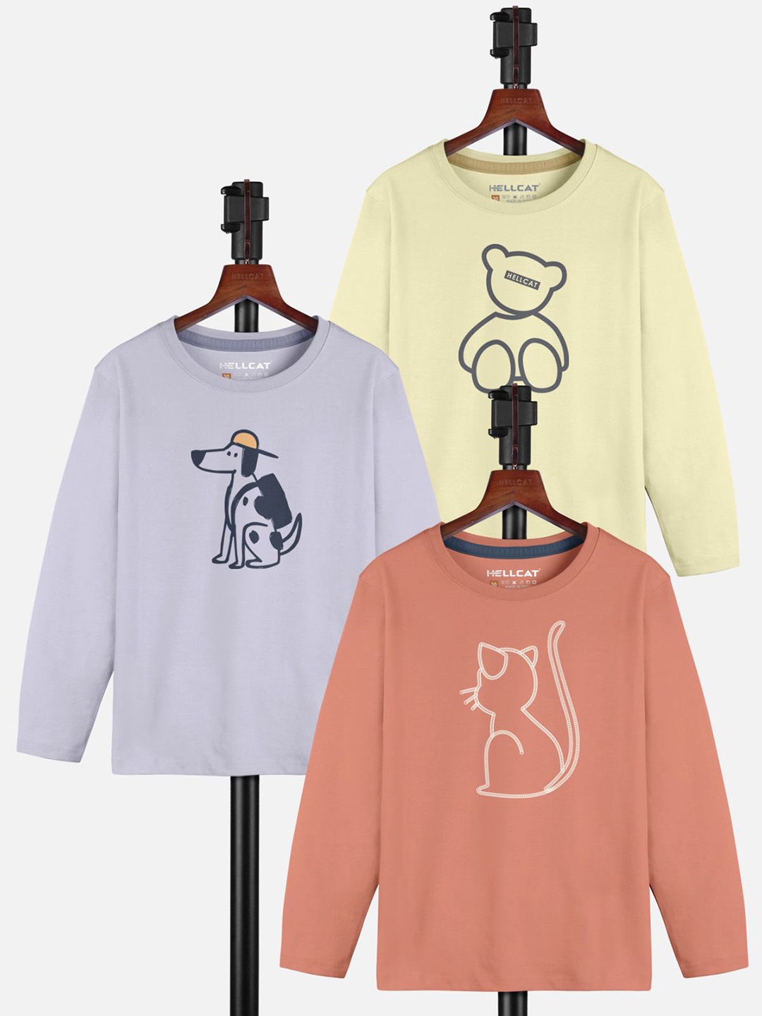 HELLCAT Girls Pack Of 3 Graphic Printed Round Neck T-shirt, Yellow