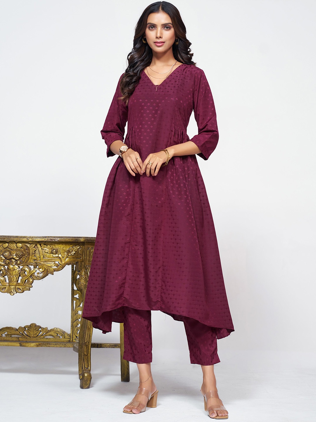 

Sangria Burgundy Self Design V Neck A-Line Kurta Set