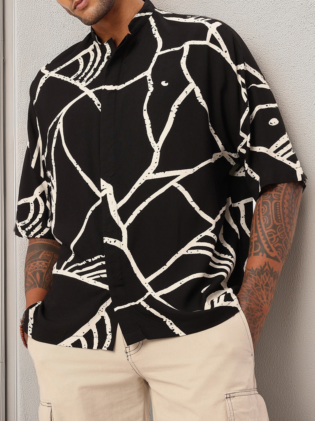 

Kook N Keech Artsy Vibes Monochrome Magic Mandarin Collar Oversized Shirt, Black