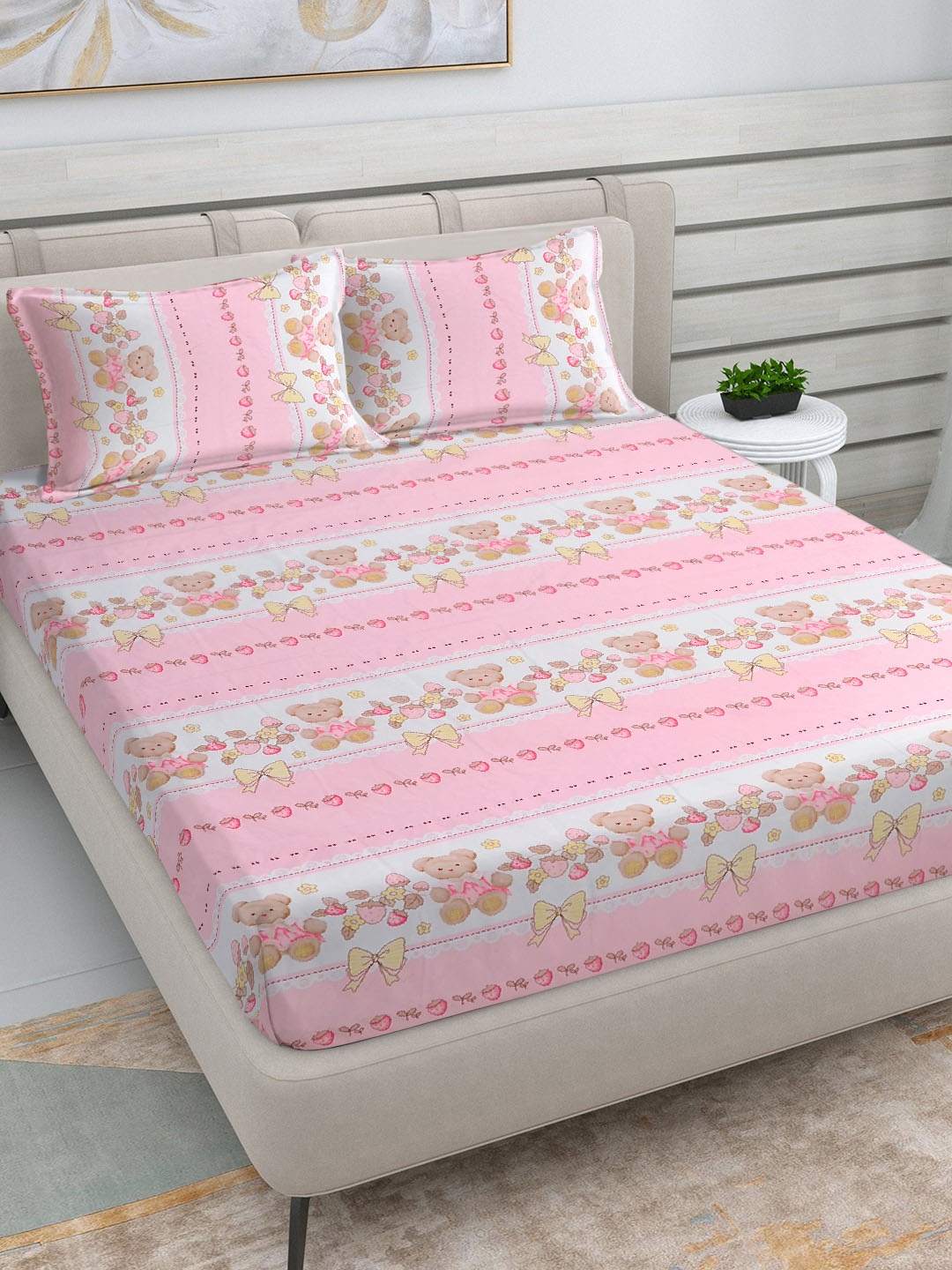 

KLOTTHE Pink & Beige Cartoon Printed 300 TC King Fitted Bedsheet With 2 Pillow Covers