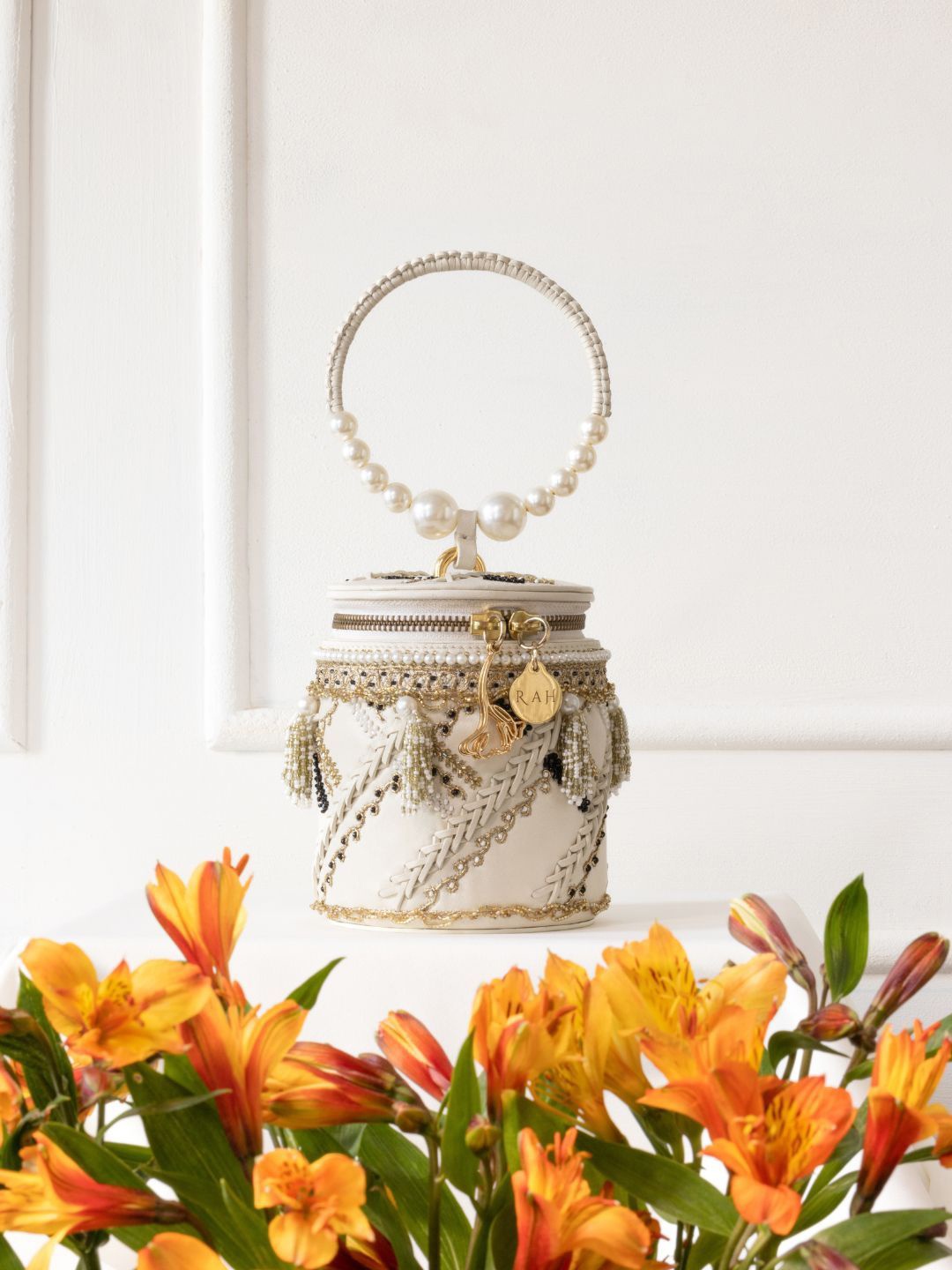 

The Leather Garden Embellished Leather Structured Handheld Bag, Cream
