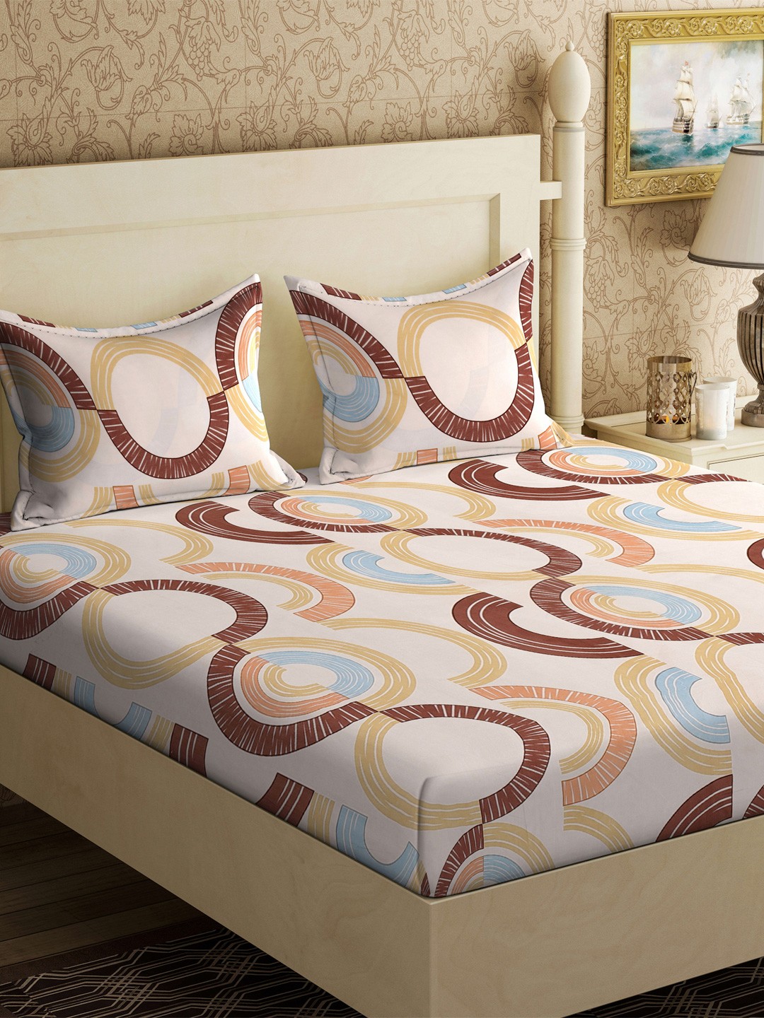 

KLOTTHE Beige & Brown Geometric 300TC Fitted Double King Bedsheet With 2 Pillow Covers