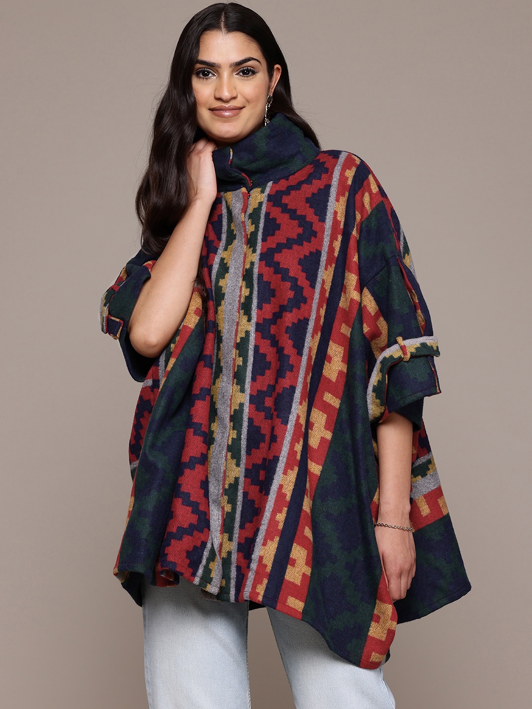 

aarke Ritu Kumar Printed Longline Button Shrug, Navy blue