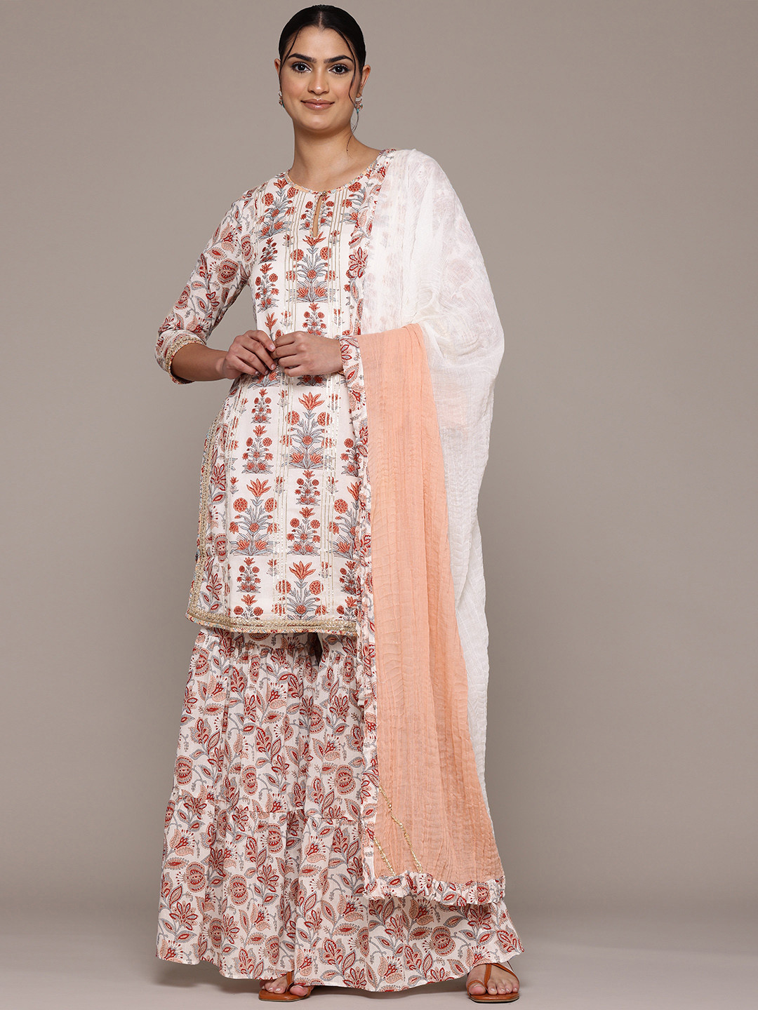 

aarke Ritu Kumar Floral Printed Gotta Patti Pure Cotton Kurta With Sharara & Dupatta, Off white