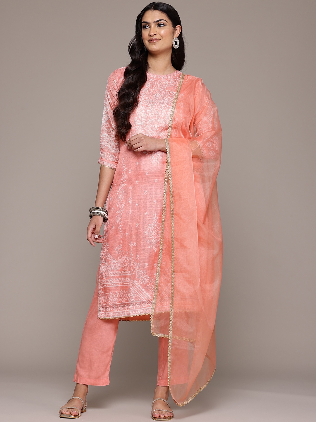 

aarke Ritu Kumar Ethnic Motifs Printed Kurta With Trousers & Dupatta, Peach