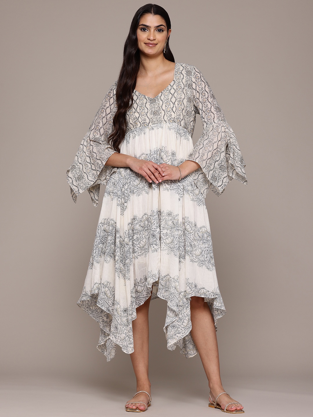 

aarke Ritu Kumar Ethnic Motifs Print Sweetheart Neck Bell Sleeves A-Line Dress, White