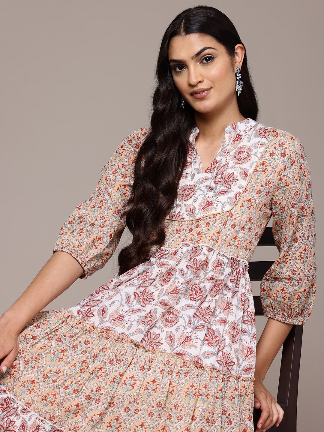 

aarke Ritu Kumar Ethnic Motifs Print Puff Sleeves A-Line Dress, Off white