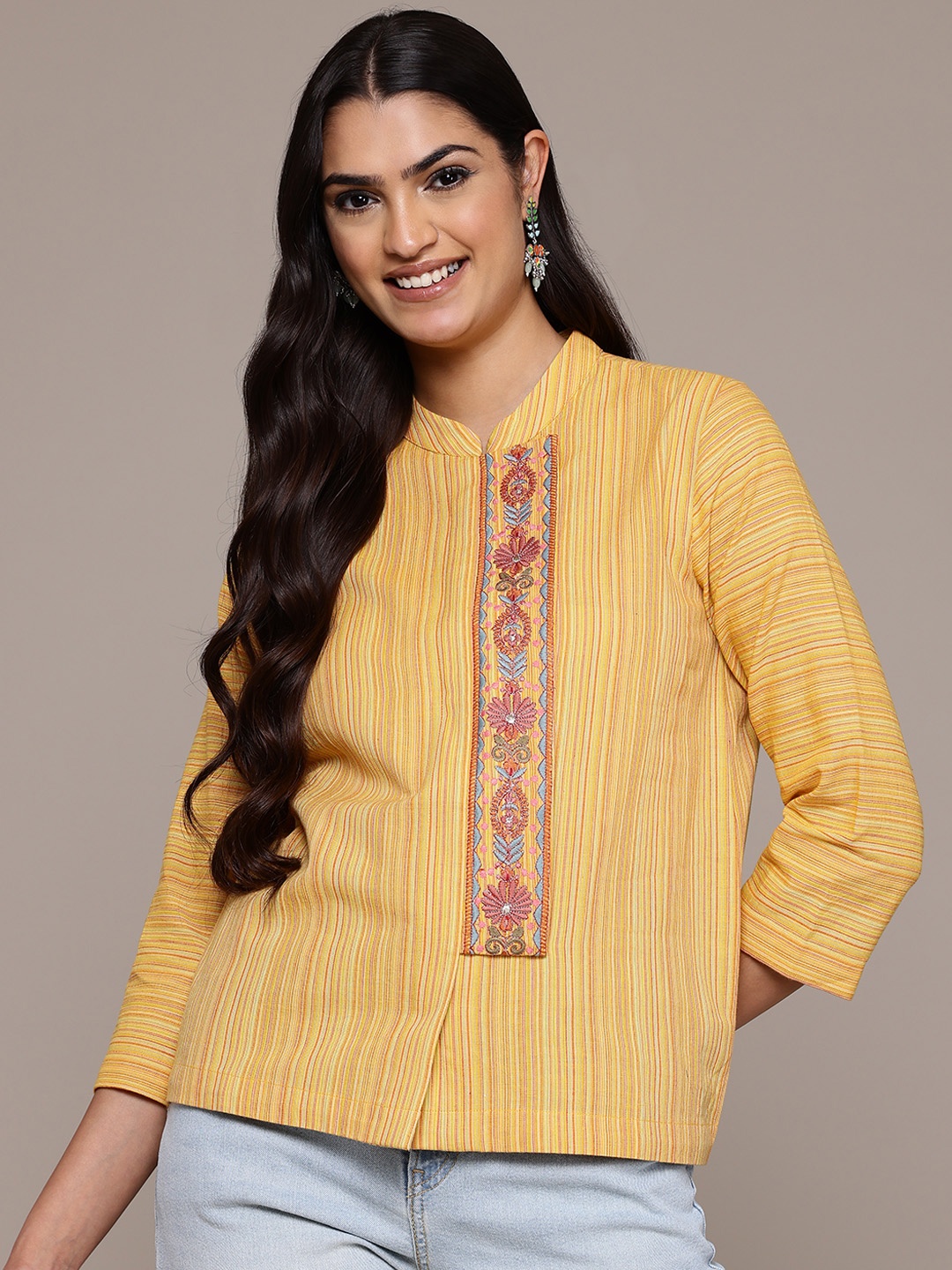 

aarke Ritu Kumar Striped Mandarin Collar Wrap Top, Yellow