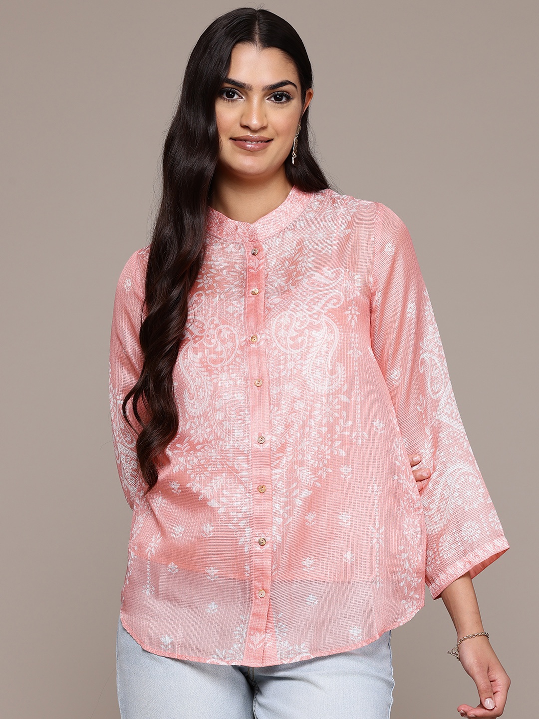 

aarke Ritu Kumar Print Mandarin Collar Ethnic Shirt Style Top, Peach