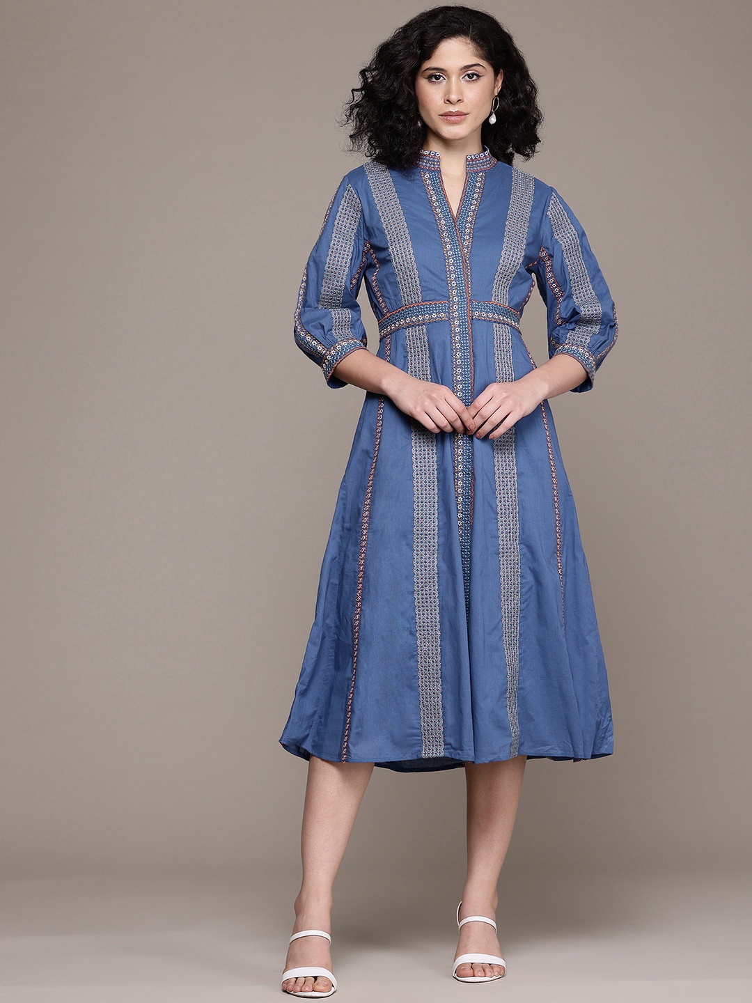 

Ritu Kumar Floral Embroidered Puff Sleeves A-Line Midi Dress, Blue