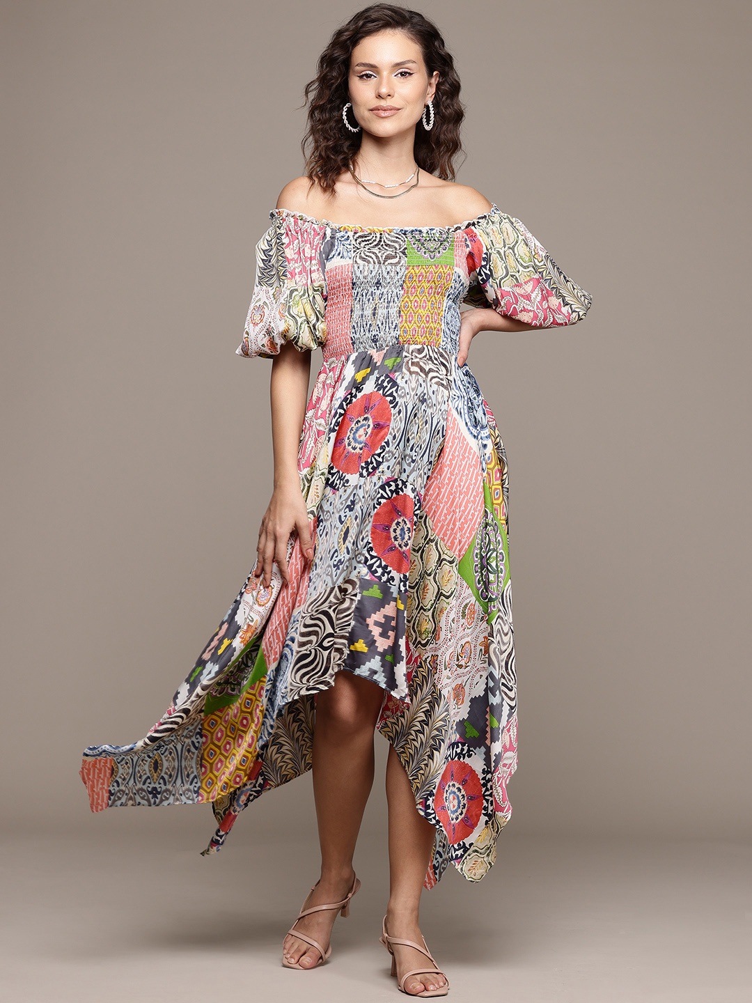 

Label Ritu Kumar Print Off-Shoulder Puff Sleeves Satin Fit & Flare Dress, Multi