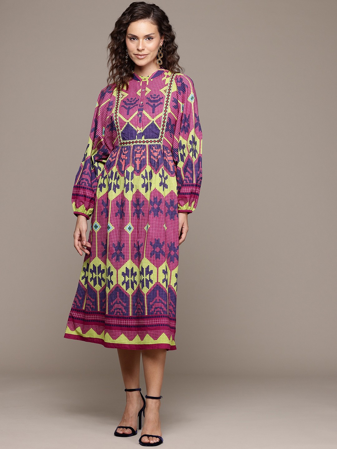 

Label Ritu Kumar Print Batwing Sleeves A-Line Midi Dress, Pink