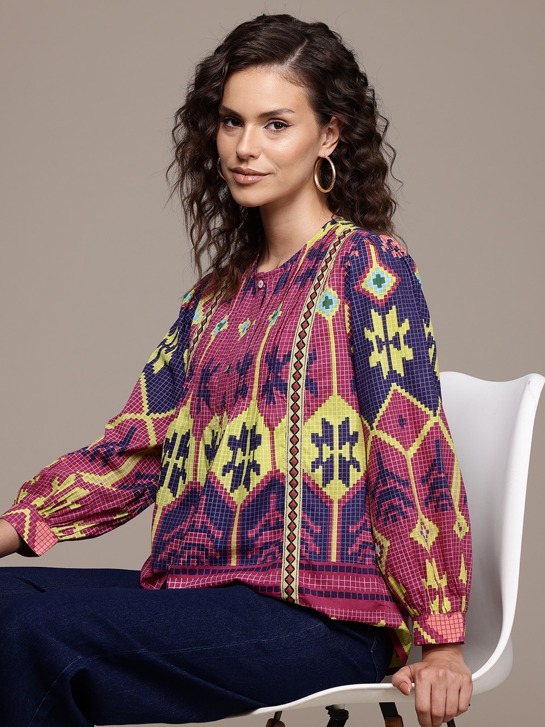 

Label Ritu Kumar Geometric Checked Puff Sleeve Cotton Top, Pink