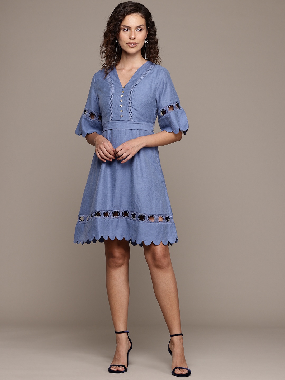 

Label Ritu Kumar Flared Sleeves Schiffli A-Line Dress with Belted Detail, Blue