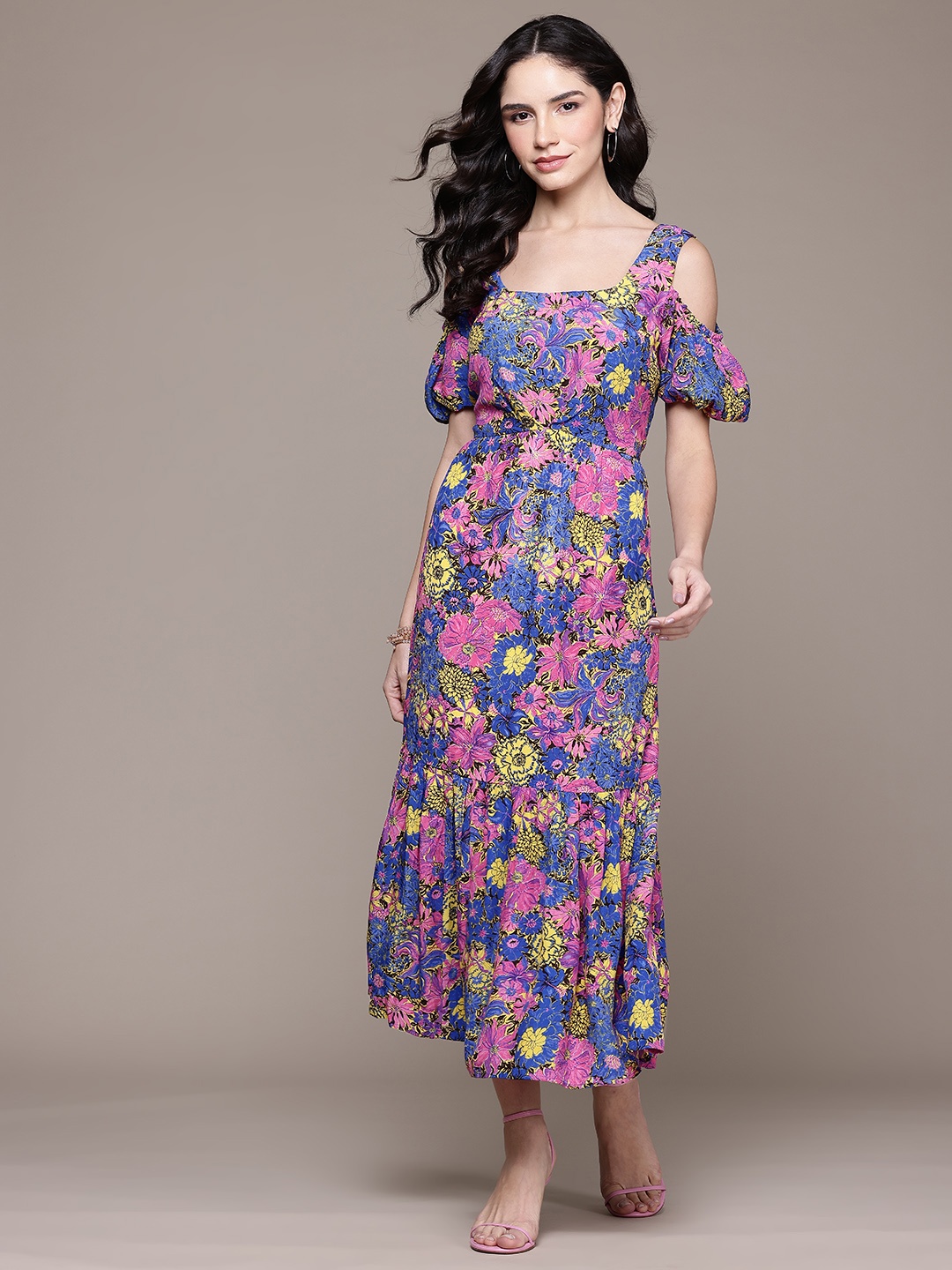 

Label Ritu Kumar Floral Print Cold-Shoulder Sleeves Crepe Fit & Flare Midi Dress, Blue