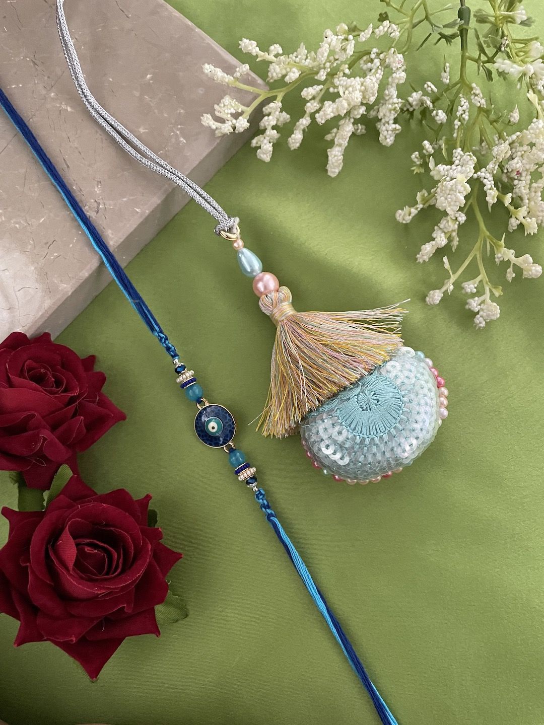 

Digital Dress Room Set Of 2 Eye Evil & Tassel Lumba Rakhi, Blue