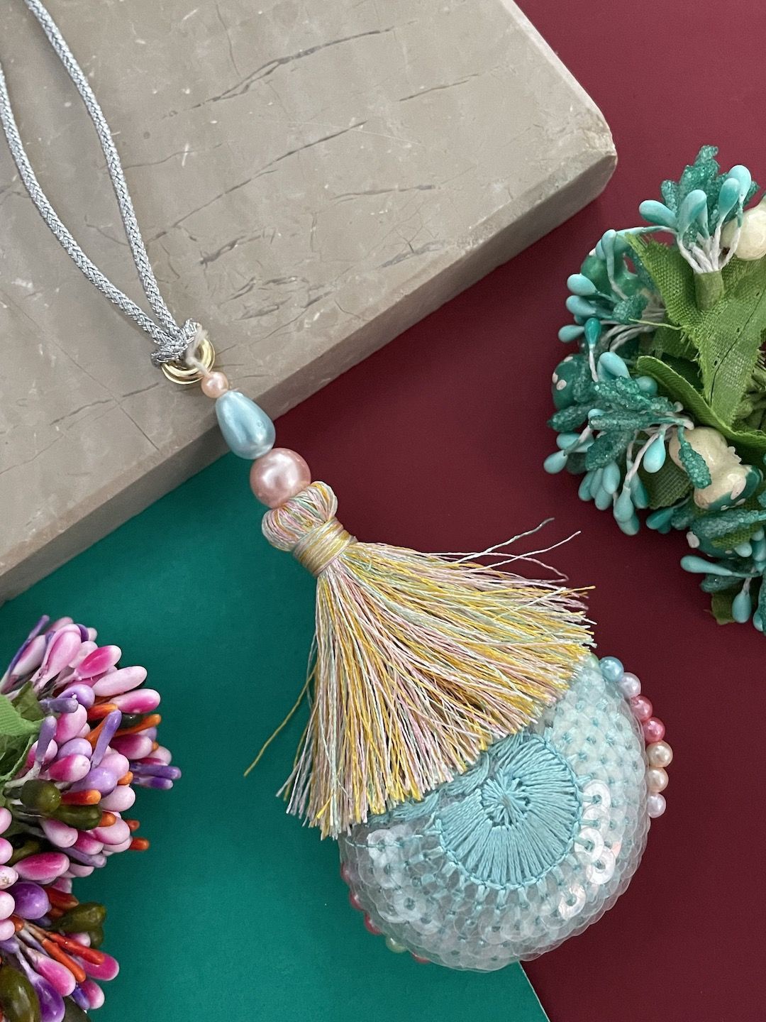 

Digital Dress Room Sequined & Beaded Lumba Thread Rakhis With Roli Chawal, Blue